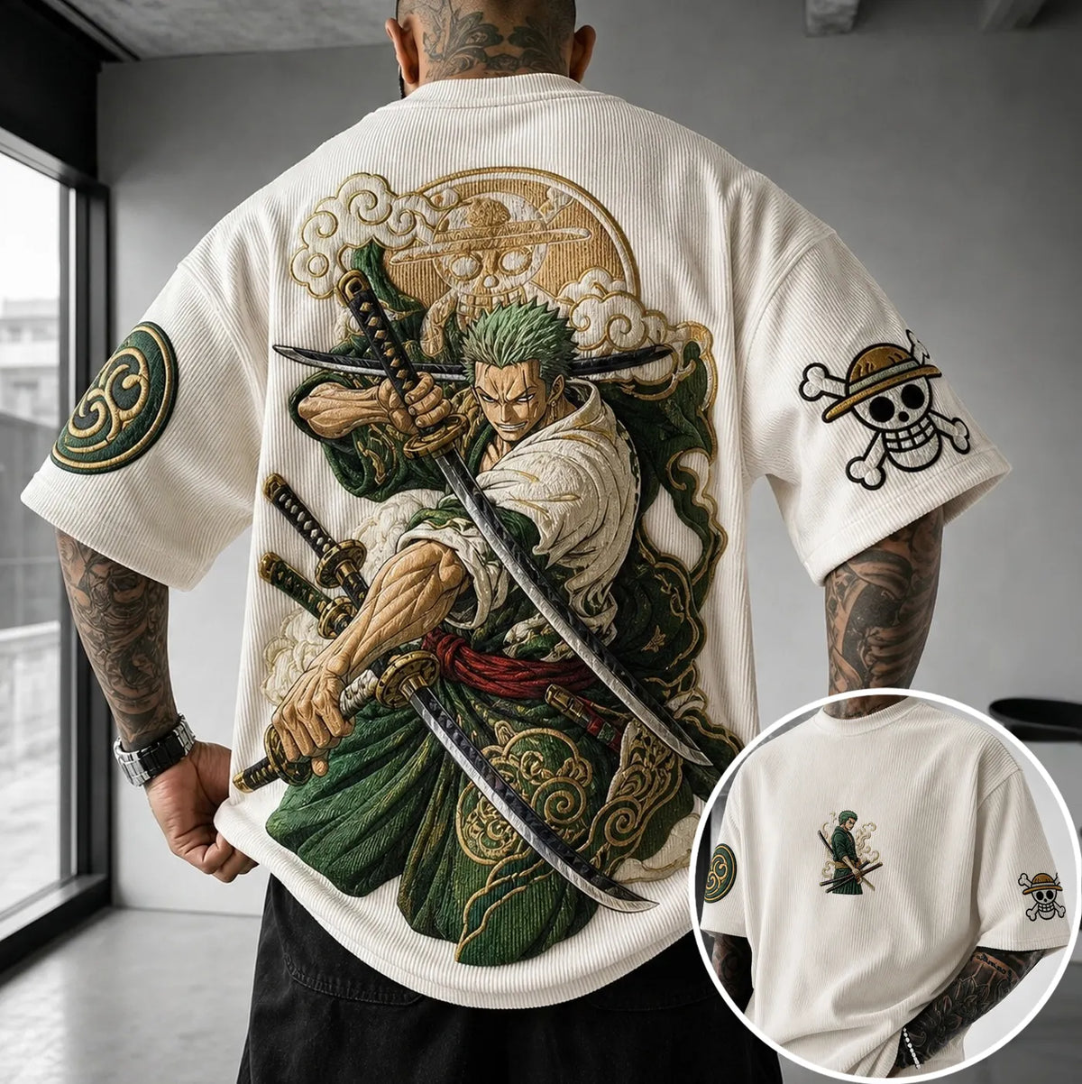 One Piece Unisex Anime-Style Retro Corduroy Oversized T-Shirt