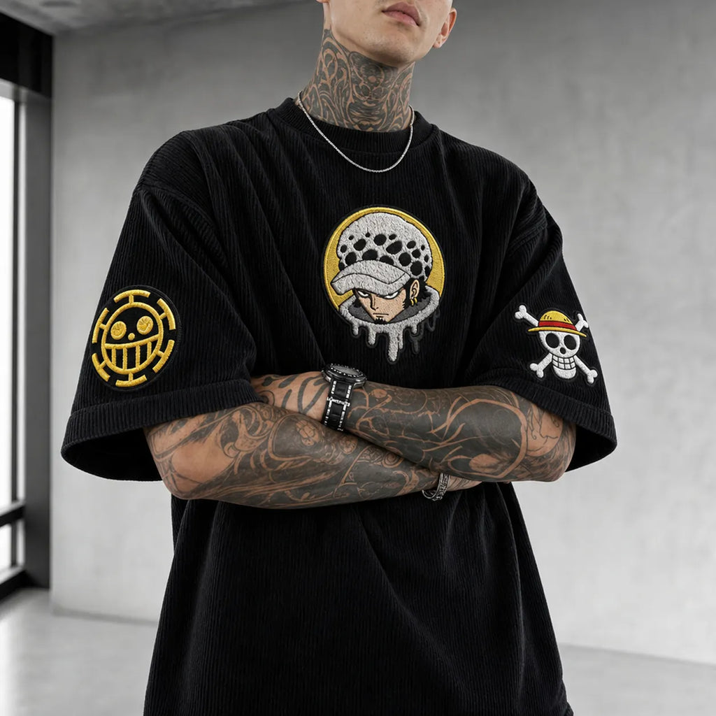 One Piece Unisex Anime-Style Retro Corduroy Oversized T-Shirt