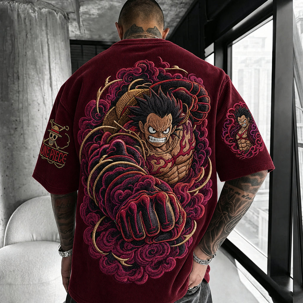 One Piece Unisex Anime-Style Retro Corduroy Oversized T-Shirt