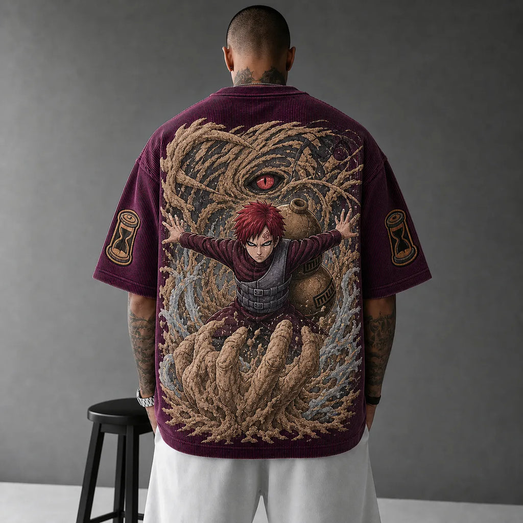 NINDO Unisex Oversized Anime-Print Vertical-Stripe Short-Sleeve T-Shirt