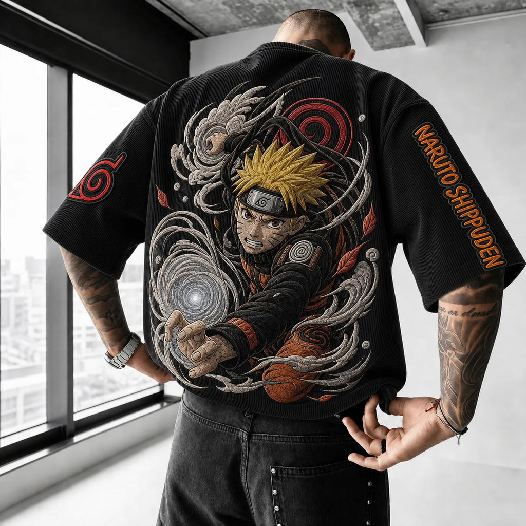 NINDO Unisex Anime-Style Retro Corduroy Oversized T-Shirt
