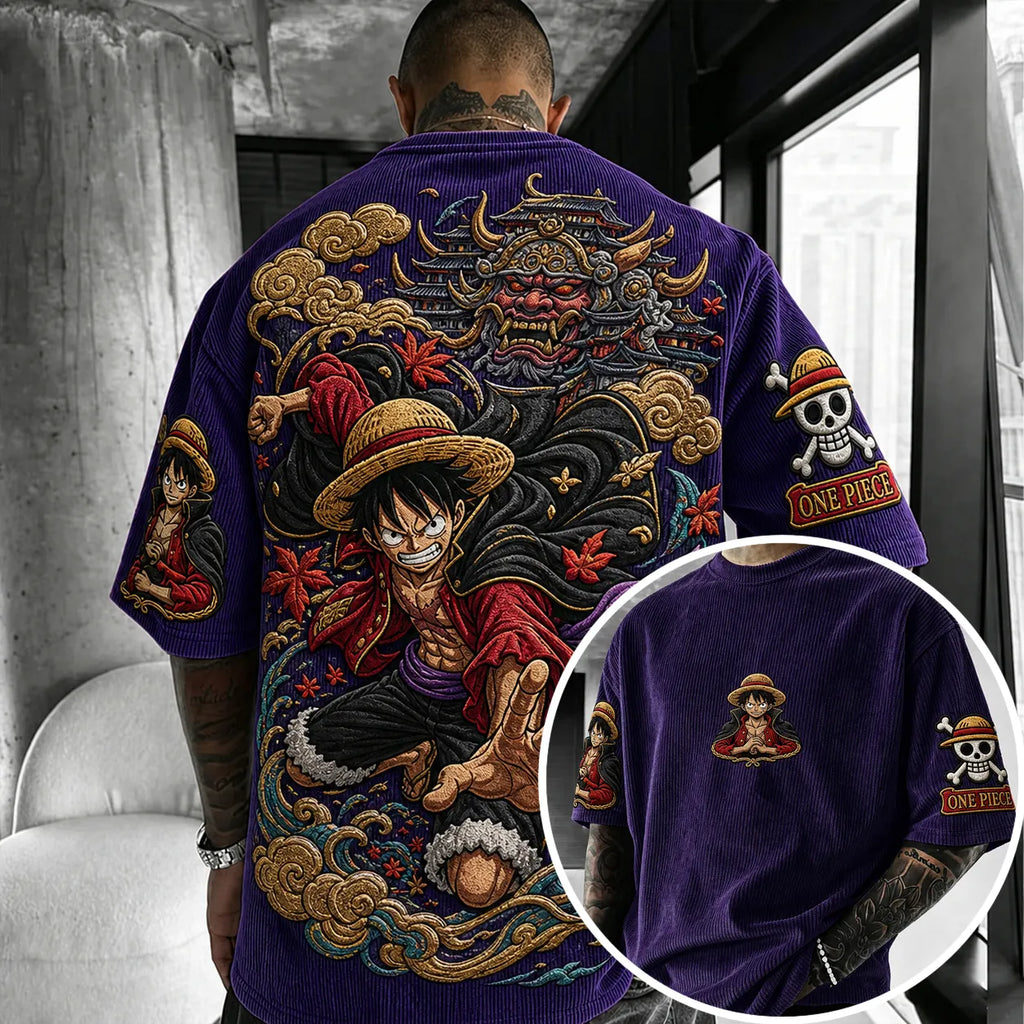 One Piece Unisex Anime-Style Retro Corduroy Oversized T-Shirt
