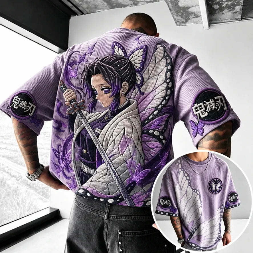 KNY Unisex Oversized Anime-Print Vertical-Stripe Short-Sleeve T-Shirt