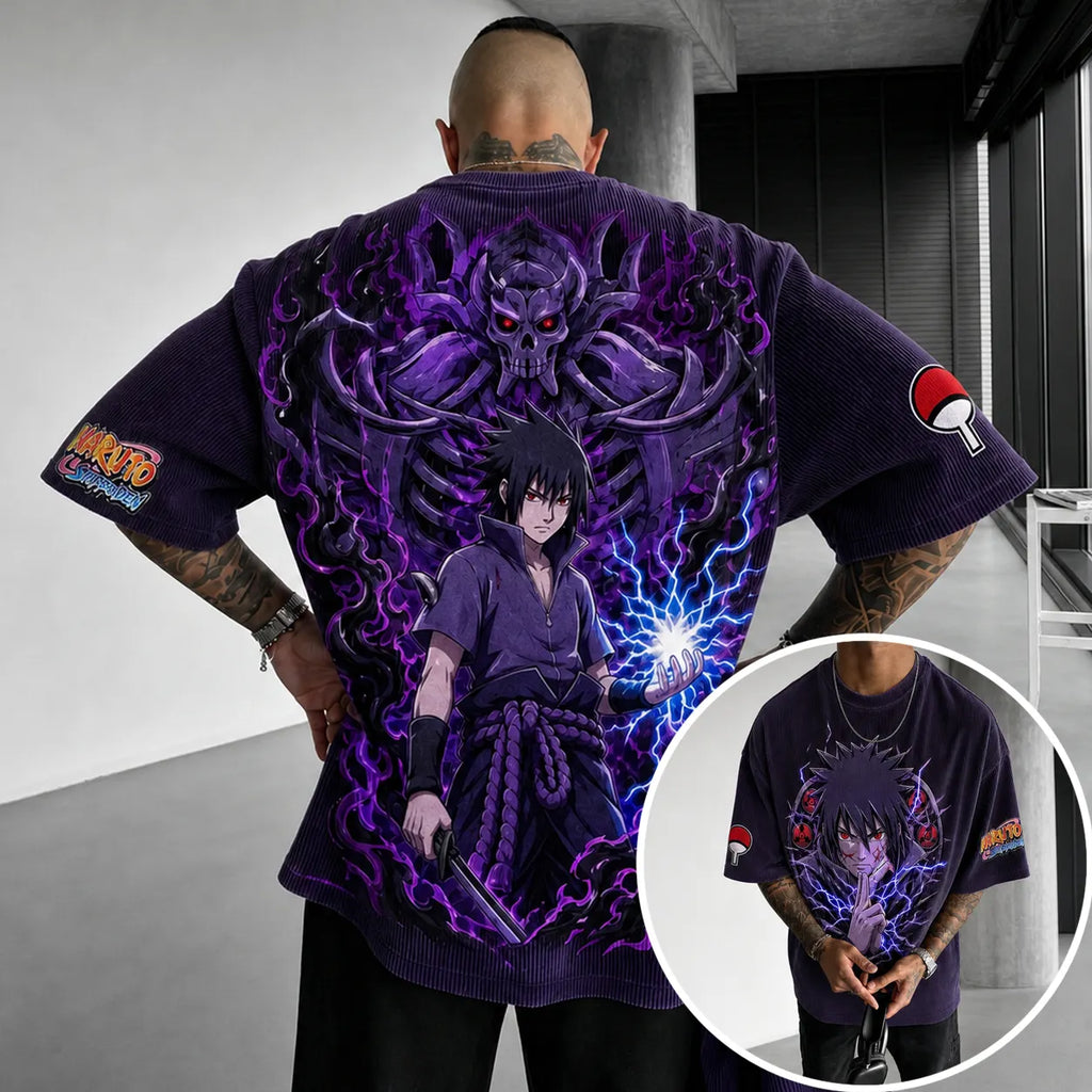 NINDO Unisex Oversized Anime-Print Vertical-Stripe Short-Sleeve T-Shirt