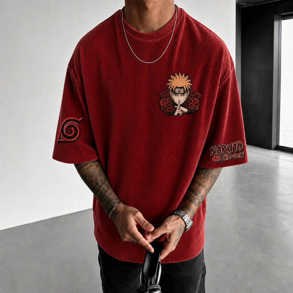 NINDO Unisex Anime-Style Retro Corduroy Oversized T-Shirt