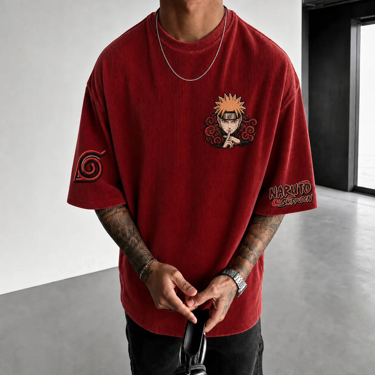 NINDO Unisex Anime-Style Retro Corduroy Oversized T-Shirt