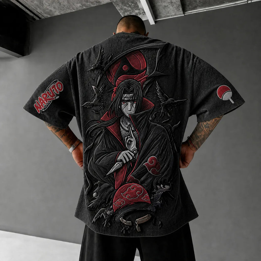 NINDO Unisex Anime-Style Retro Corduroy Oversized T-Shirt