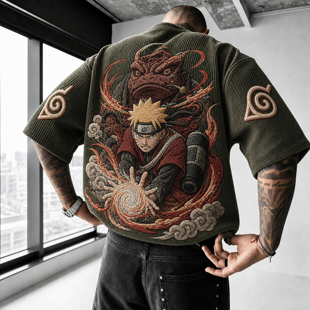 NINDO Unisex Oversized Anime-Print Vertical-Stripe Short-Sleeve T-Shirt