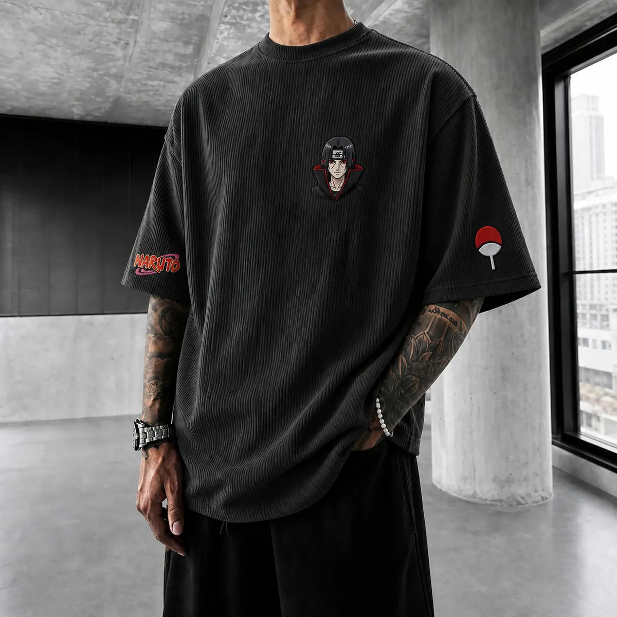 NINDO Unisex Anime-Style Retro Corduroy Oversized T-Shirt