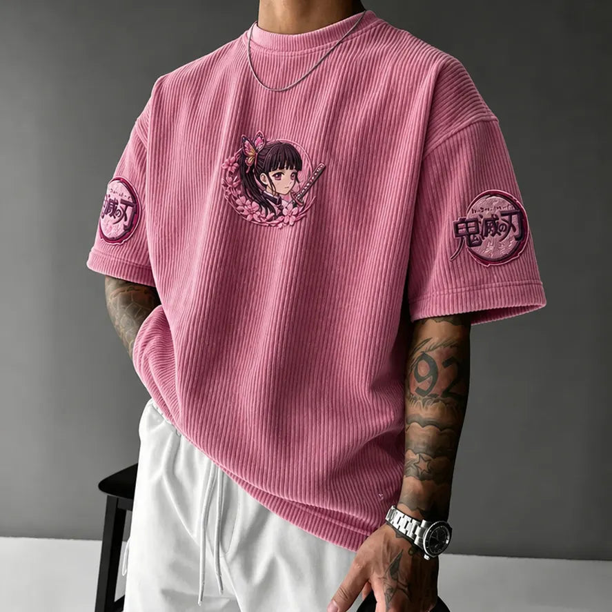 KNY Unisex Oversized Anime-Print Vertical-Stripe Short-Sleeve T-Shirt