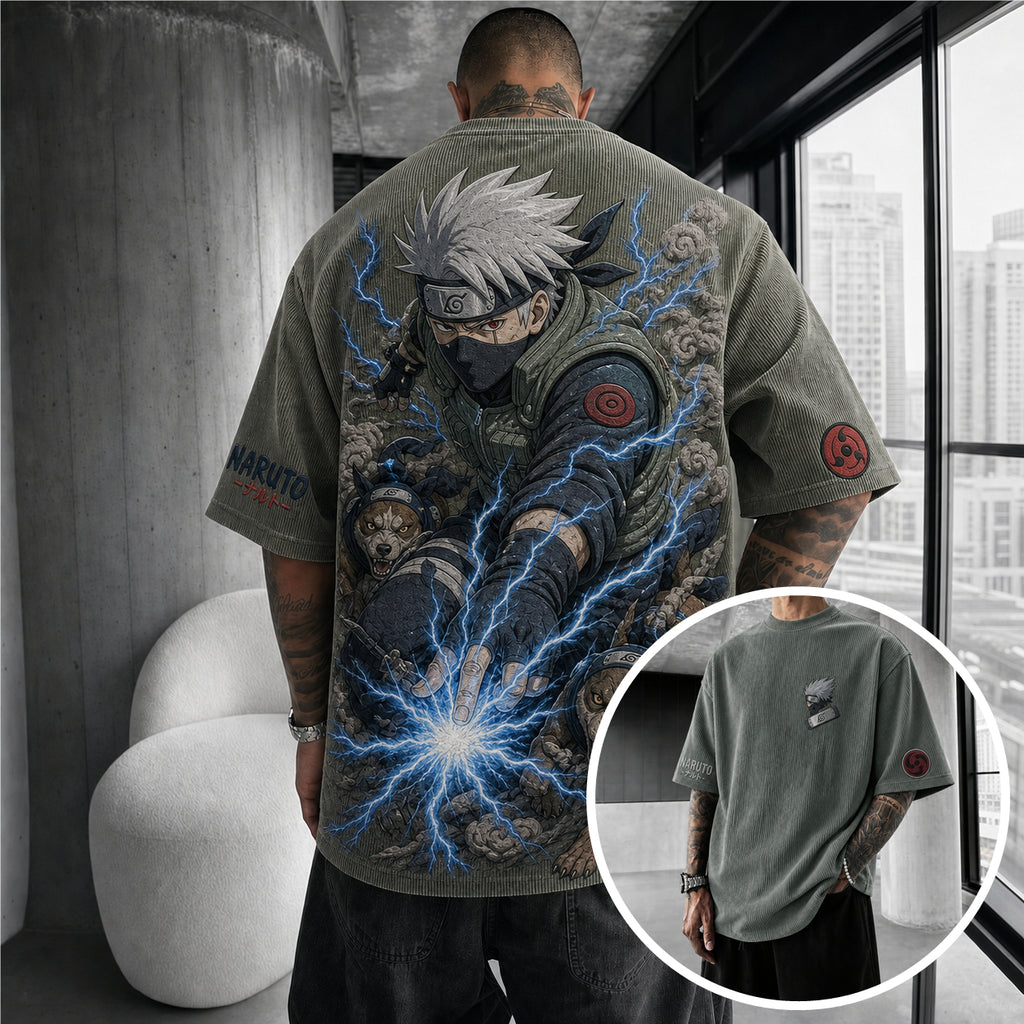 NINDO Unisex Anime-Style Retro Corduroy Oversized T-Shirt