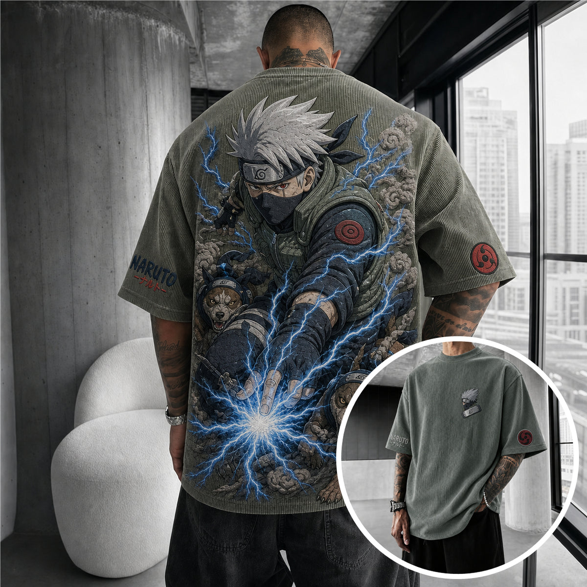 NINDO Unisex Anime-Style Retro Corduroy Oversized T-Shirt