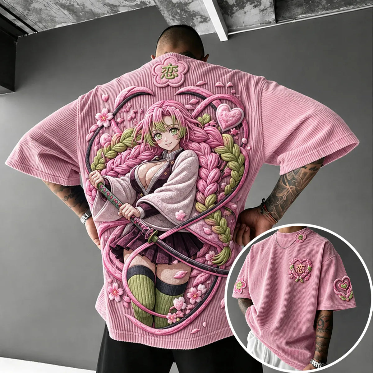 KNY Unisex Anime-Style Retro Corduroy Oversized T-Shirt