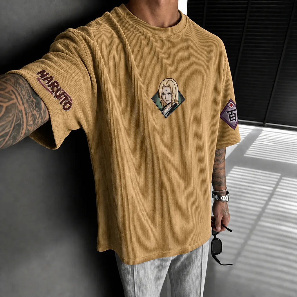 NINDO Unisex Anime-Style Retro Corduroy Oversized T-Shirt