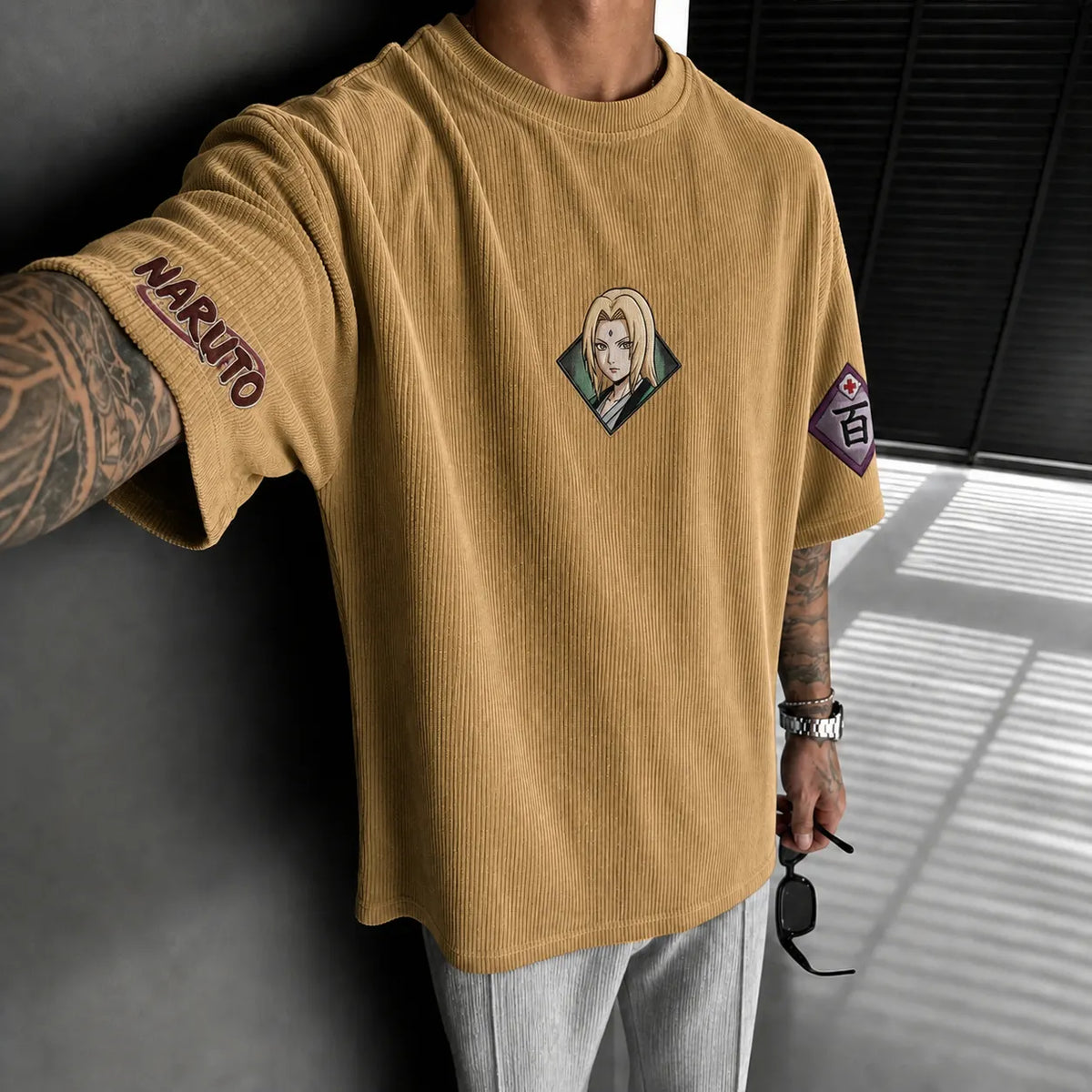NINDO Unisex Anime-Style Retro Corduroy Oversized T-Shirt