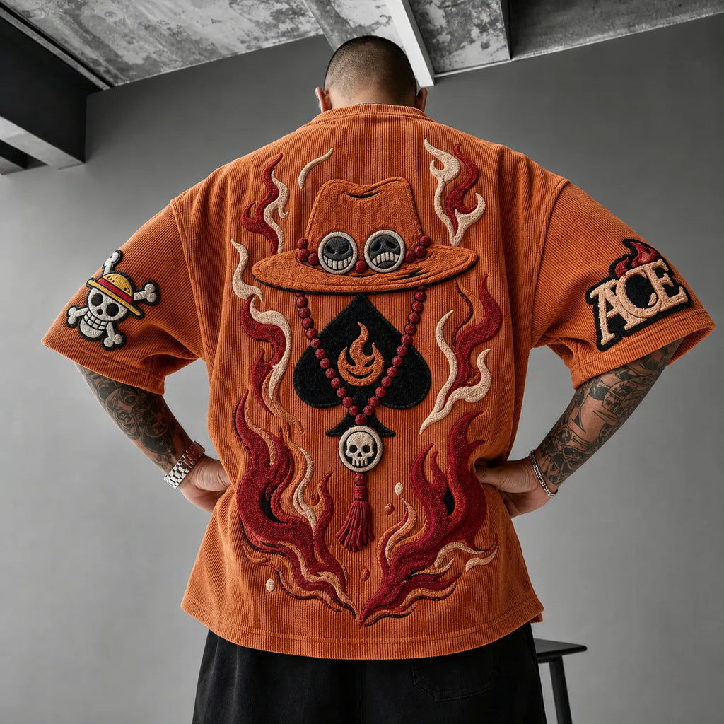 One Piece Unisex Anime-Style Retro Corduroy Oversized T-Shirt