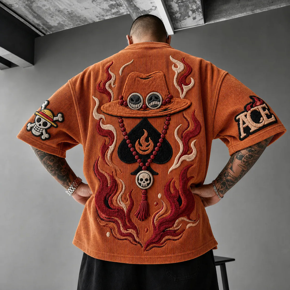 One Piece Unisex Anime-Style Retro Corduroy Oversized T-Shirt