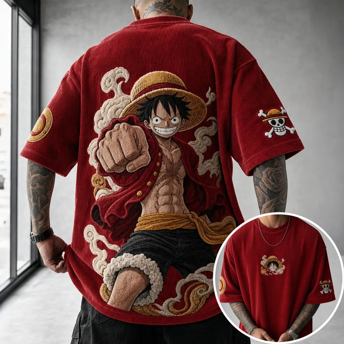 One Piece Unisex Anime-Style Retro Corduroy Oversized T-Shirt