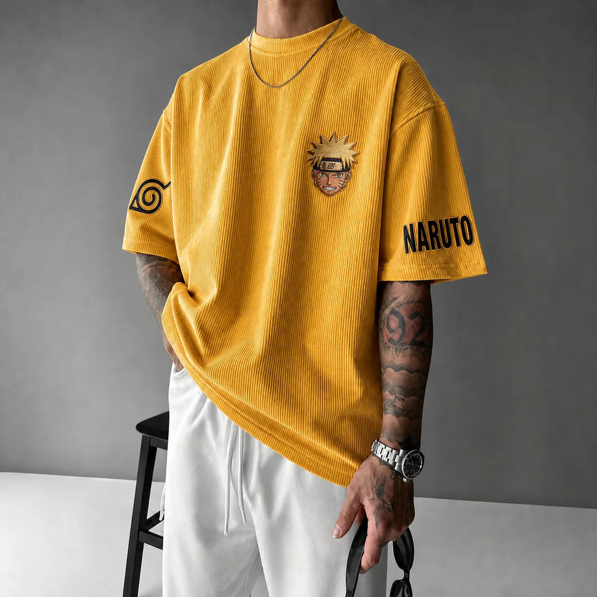 NINDO Unisex Anime-Style Retro Corduroy Oversized T-Shirt