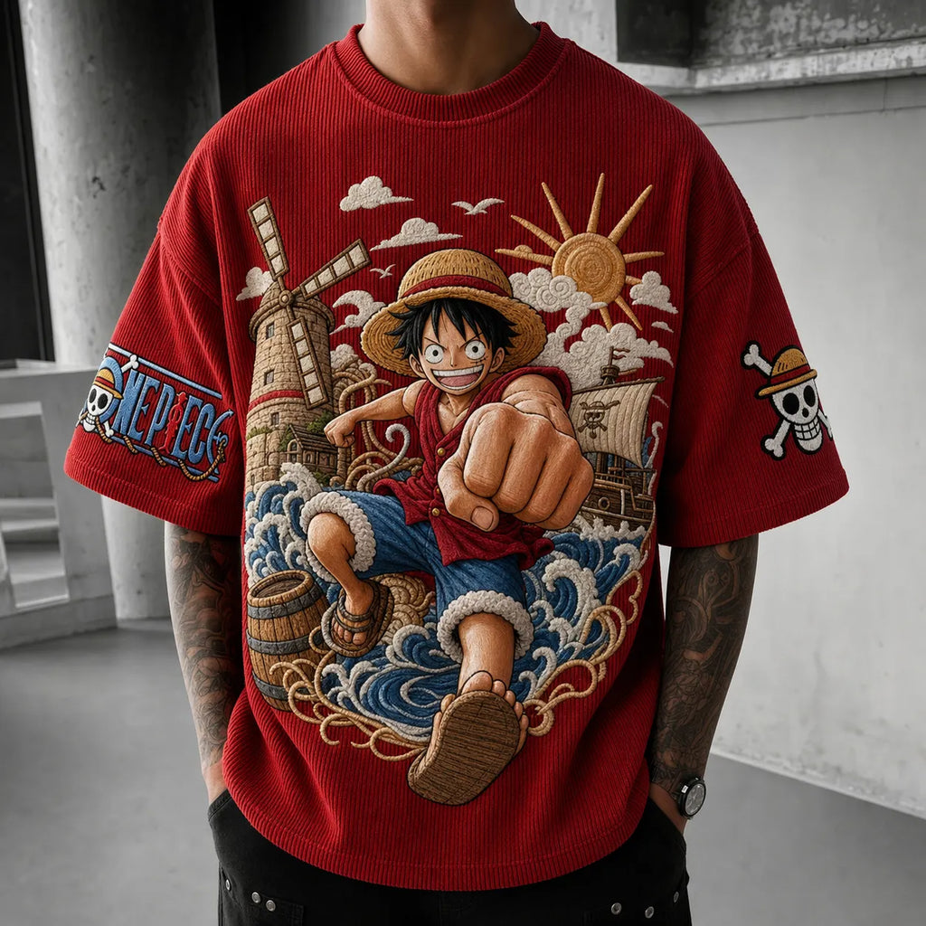 One Piece Unisex Short-Sleeve Corduroy T-Shirt With Anime Print