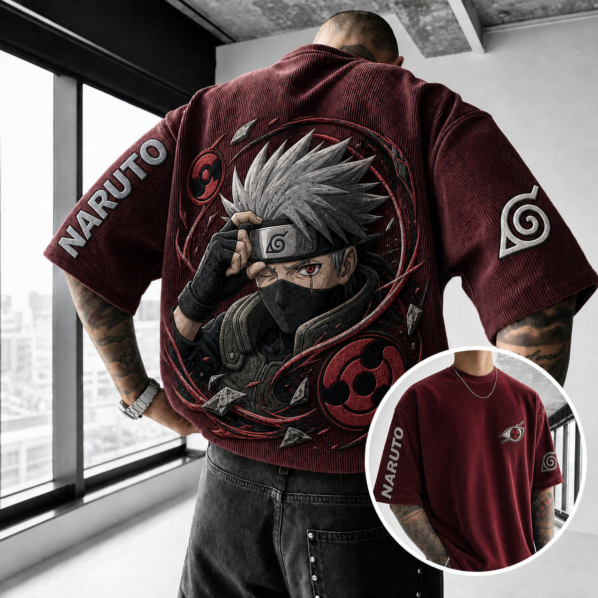 NINDO Unisex Anime-Style Retro Corduroy Oversized T-Shirt