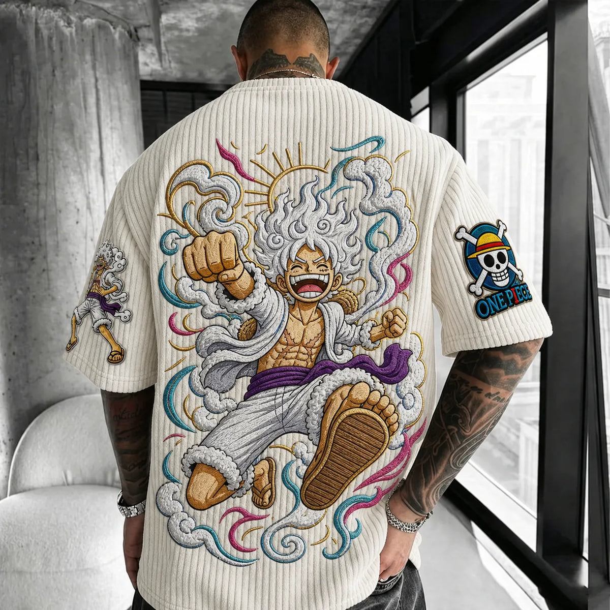 One Piece Unisex Anime-Style Retro Corduroy Oversized T-Shirt