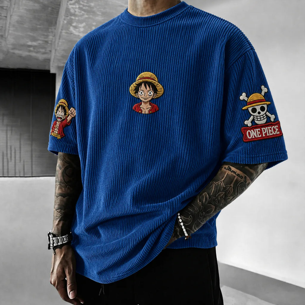 One Piece Unisex Anime-Style Retro Corduroy Oversized T-Shirt