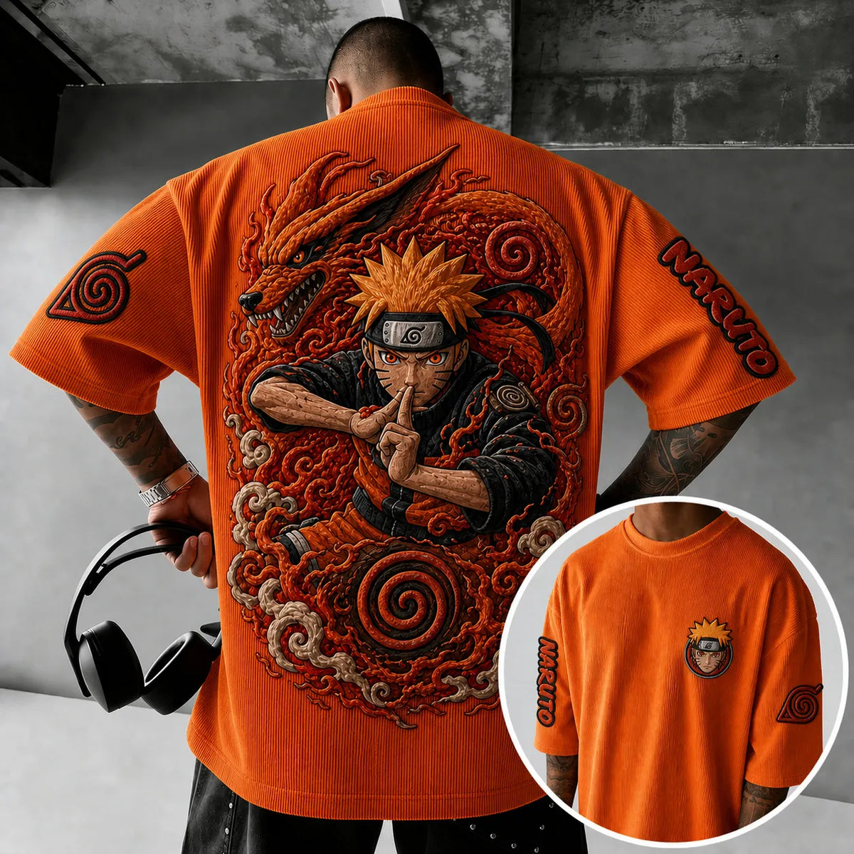 NINDO Unisex Anime-Style Retro Corduroy Oversized T-Shirt