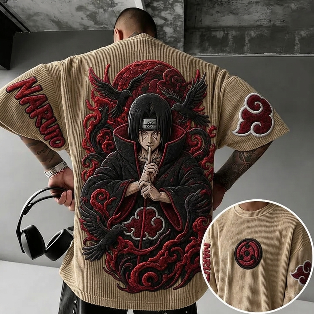NINDO Unisex Anime-Style Retro Corduroy Oversized T-Shirt
