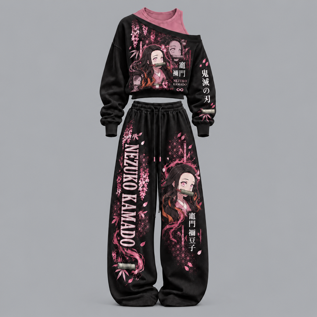 Demon Slayer-Women's Asymmetric Off-Shoulder Cut-Out Sweatshirt & Wide-Leg Sweatpants 2-Piece Set