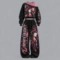 Demon Slayer-Women's Asymmetric Off-Shoulder Cut-Out Sweatshirt & Wide-Leg Sweatpants 2-Piece Set