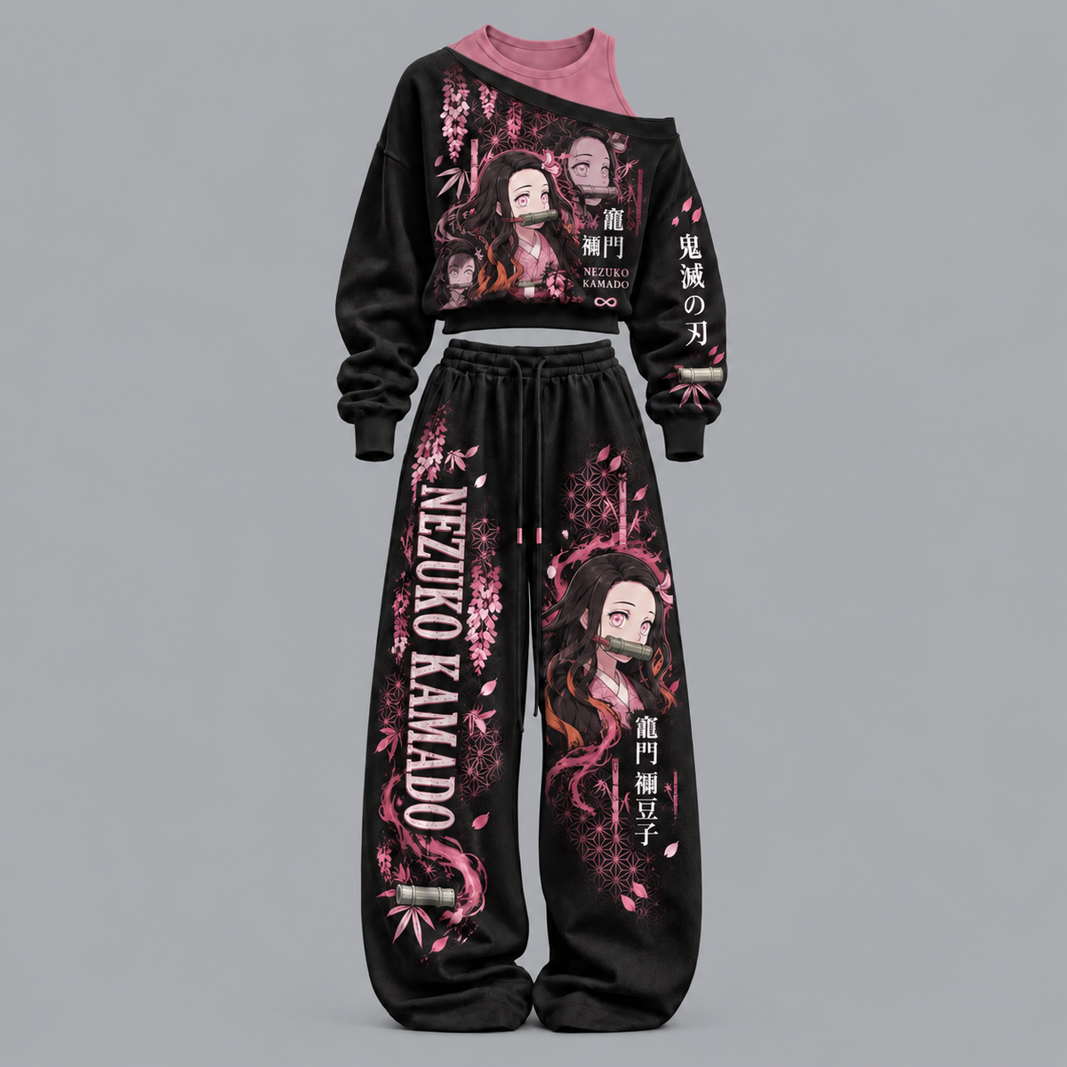 Demon Slayer-Women's Asymmetric Off-Shoulder Cut-Out Sweatshirt & Wide-Leg Sweatpants 2-Piece Set
