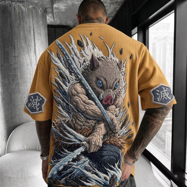 KNY Unisex Anime-Style Retro Corduroy Oversized T-Shirt