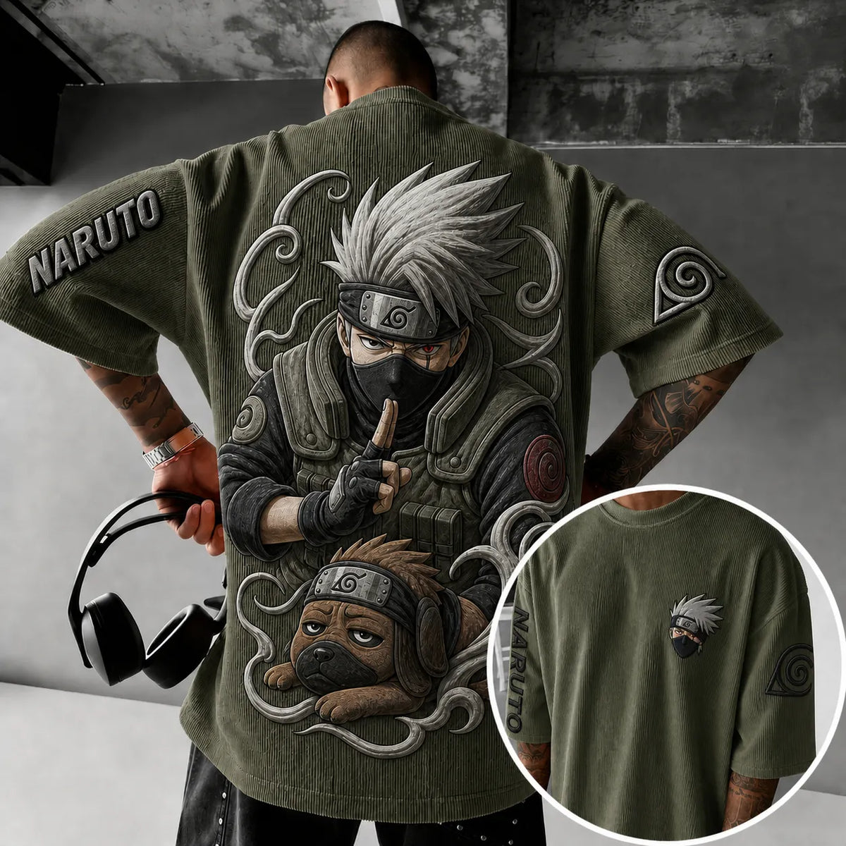 NINDO Unisex Anime-Style Retro Corduroy Oversized T-Shirt