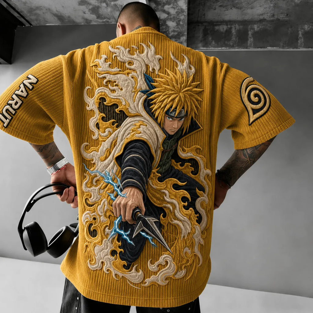 NINDO Unisex Anime-Style Retro Corduroy Oversized T-Shirt