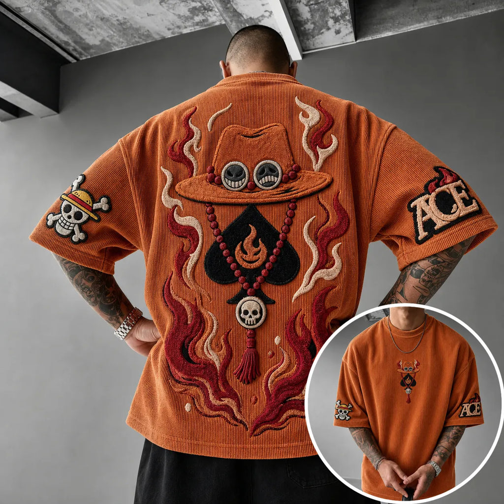 One Piece Unisex Anime-Style Retro Corduroy Oversized T-Shirt
