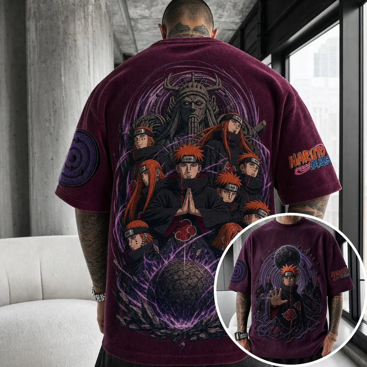 NINDO Unisex Oversized Anime-Print Vertical-Stripe Short-Sleeve T-Shirt