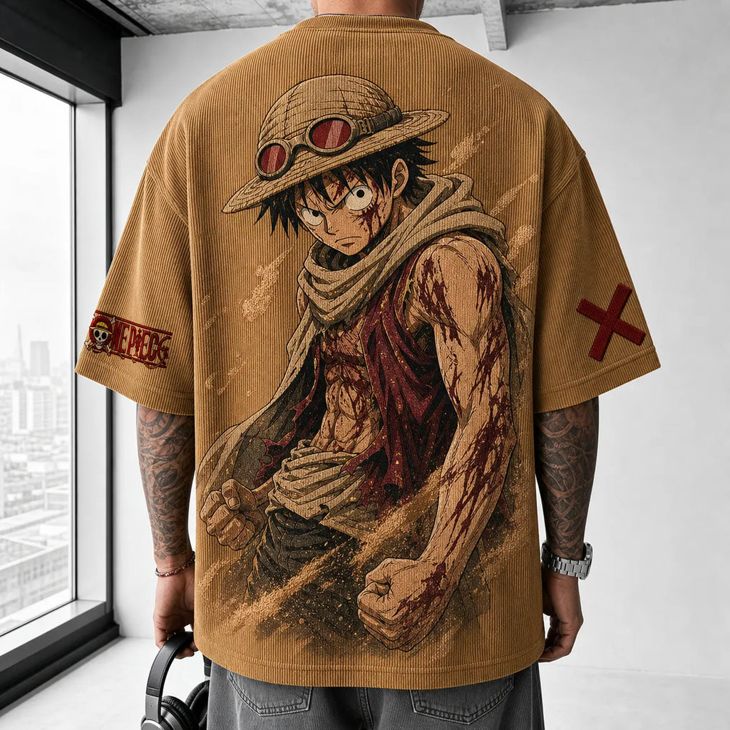 One Piece Unisex Short-Sleeve Corduroy T-Shirt With Anime Print