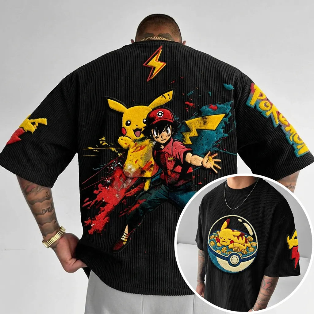 Pokémon Unisex Anime-Style Retro Corduroy Oversized T-Shirt