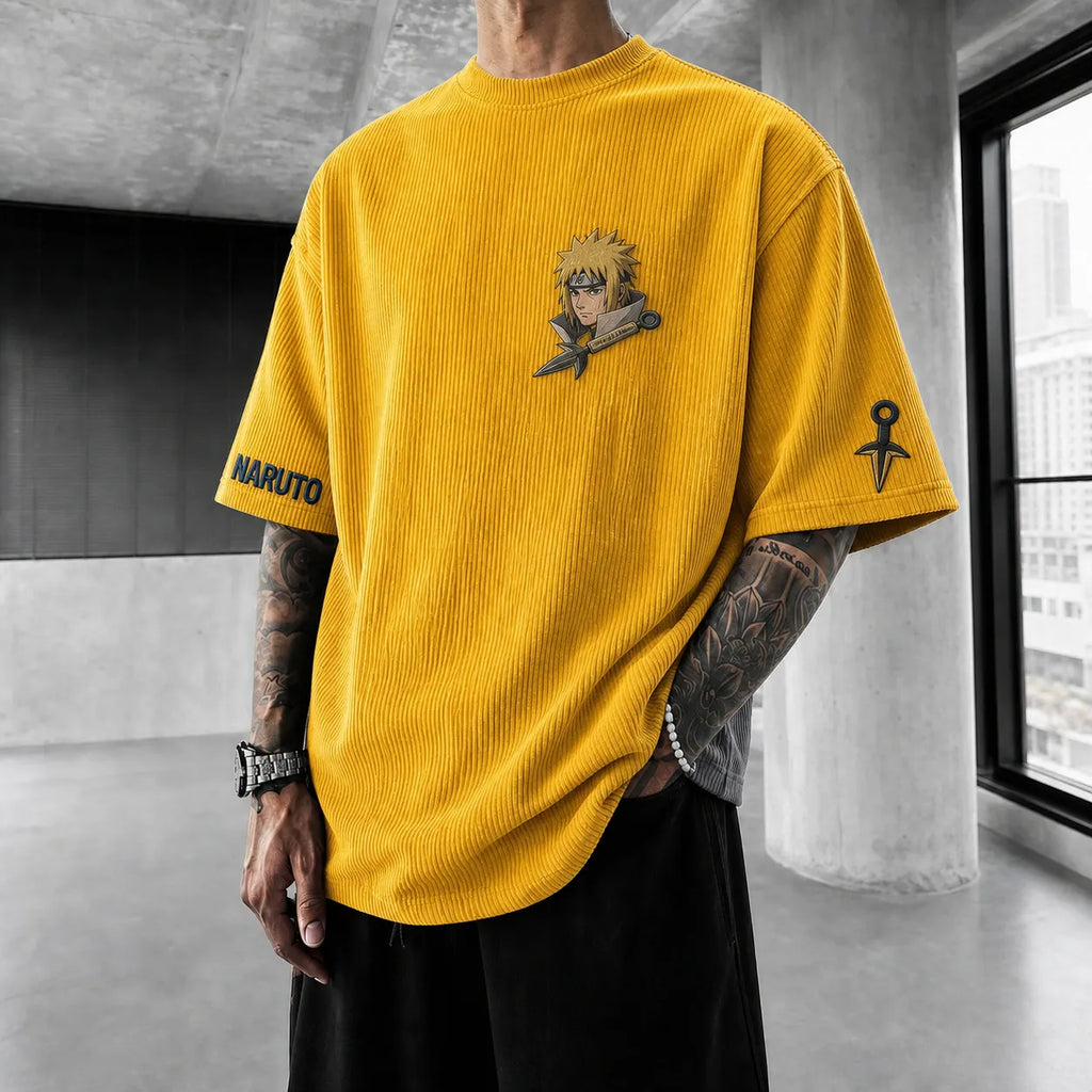 NINDO Unisex Anime-Style Retro Corduroy Oversized T-Shirt