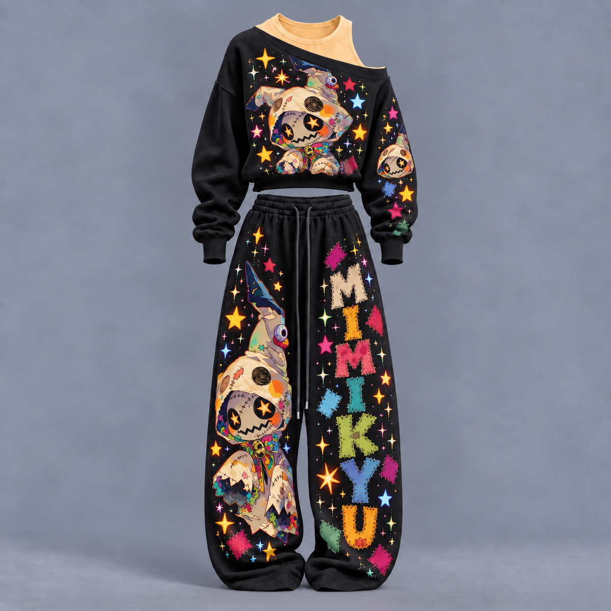 Pokémon-Women's Asymmetric Off-Shoulder Cut-Out Sweatshirt & Wide-Leg Sweatpants 2-Piece Set