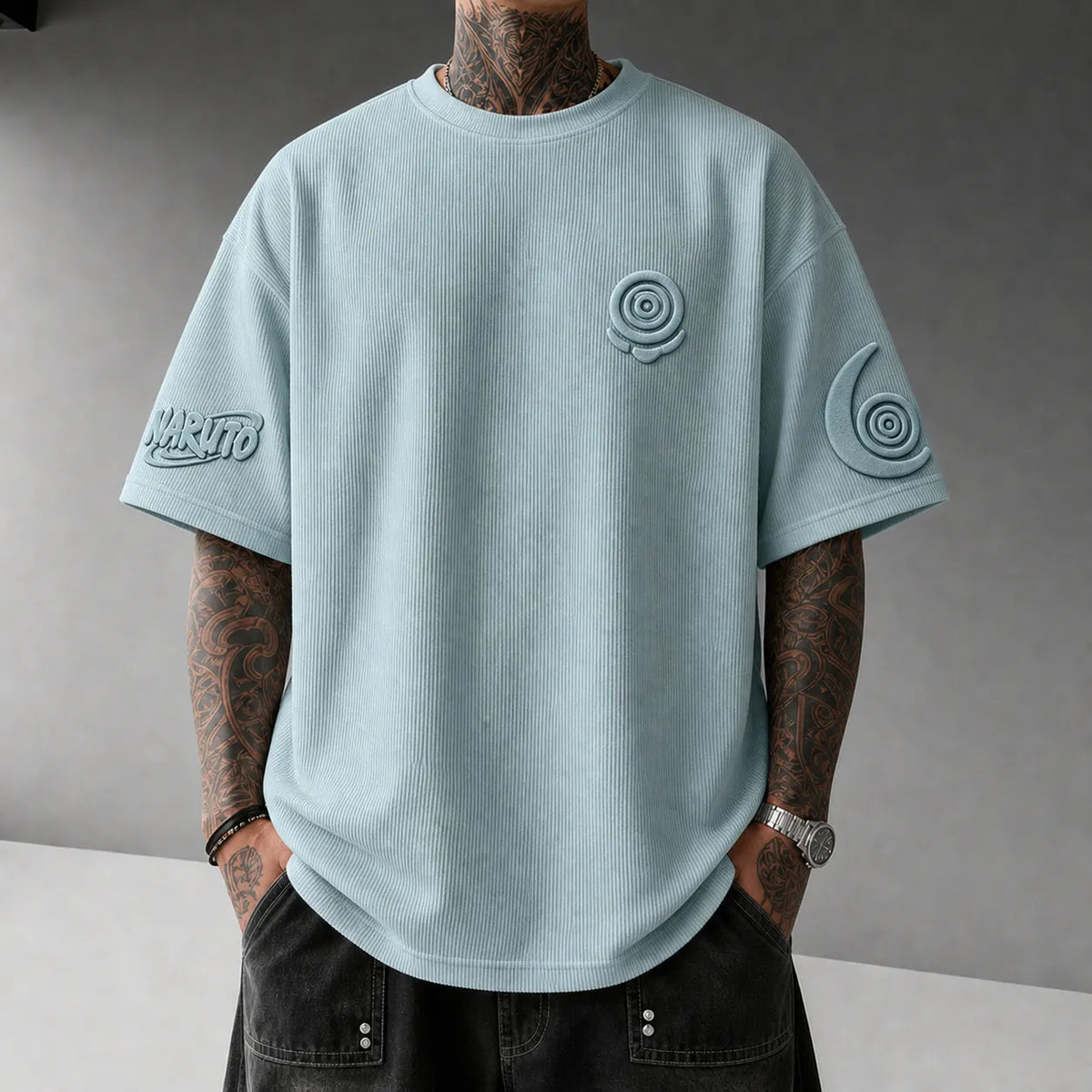 NINDO Unisex Anime-Style Retro Corduroy Oversized T-Shirt