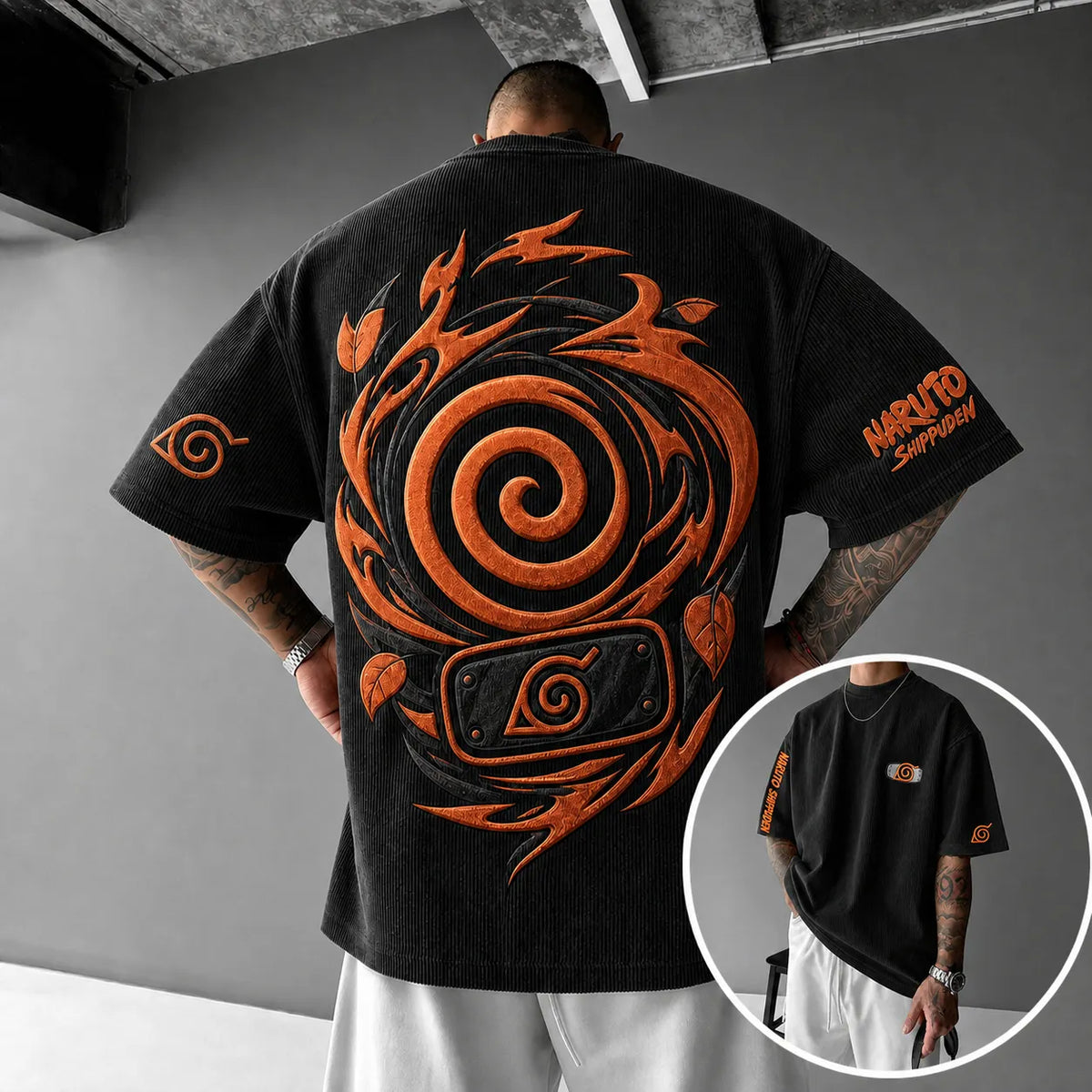 NINDO Unisex Anime-Style Retro Corduroy Oversized T-Shirt