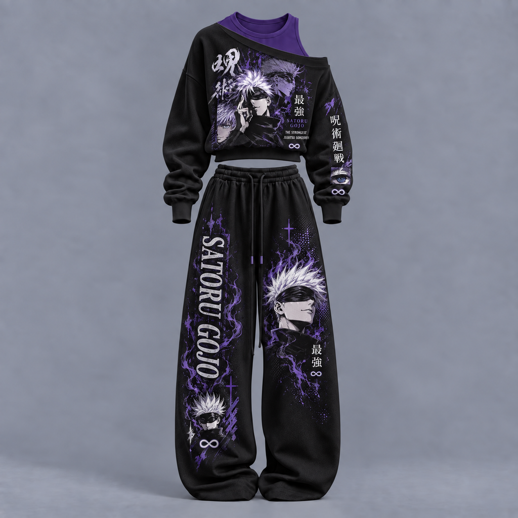Jujutsu Kaisen-Women's Asymmetric Off-Shoulder Cut-Out Sweatshirt & Wide-Leg Sweatpants 2-Piece Set