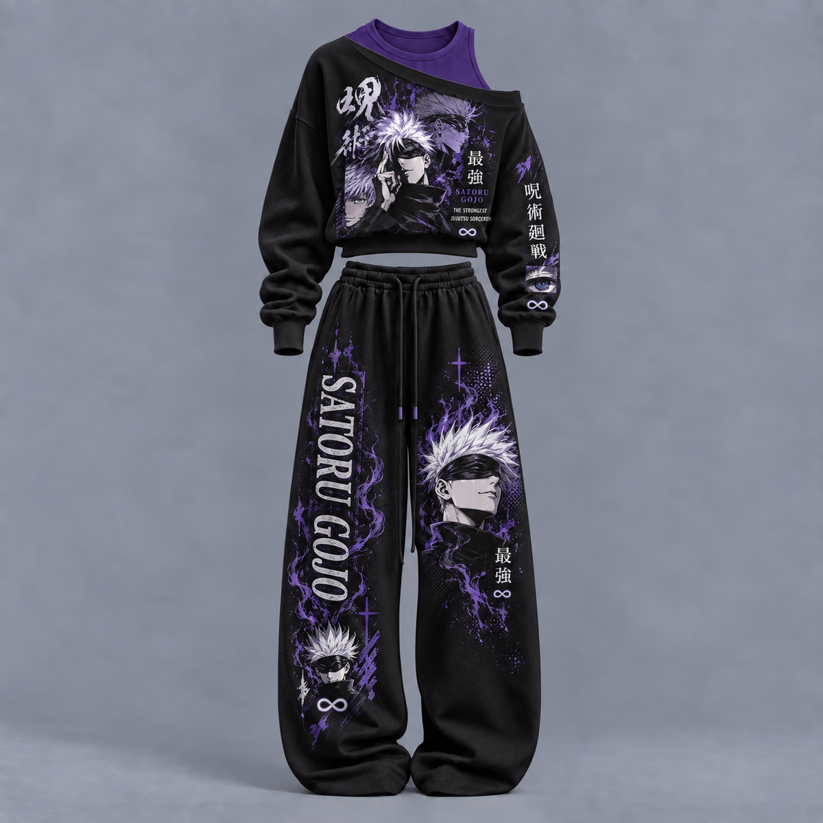 Jujutsu Kaisen-Women's Asymmetric Off-Shoulder Cut-Out Sweatshirt & Wide-Leg Sweatpants 2-Piece Set