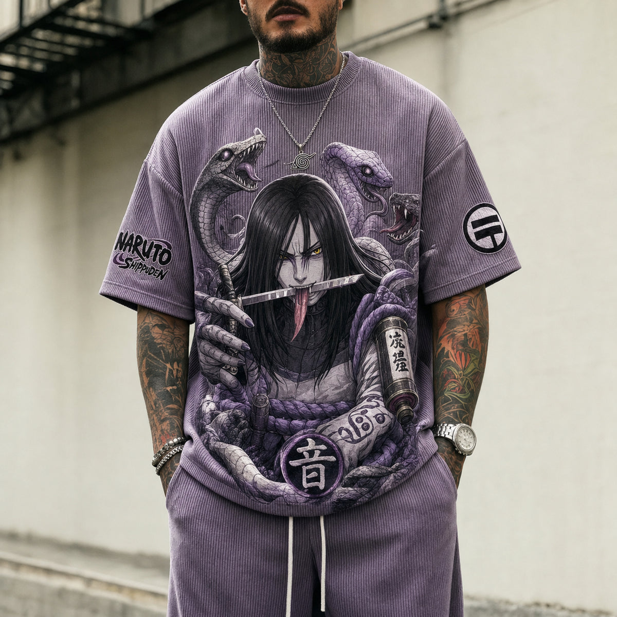 NINDO Unisex Oversized Anime-Print Vertical-Stripe Short-Sleeve T-Shirt