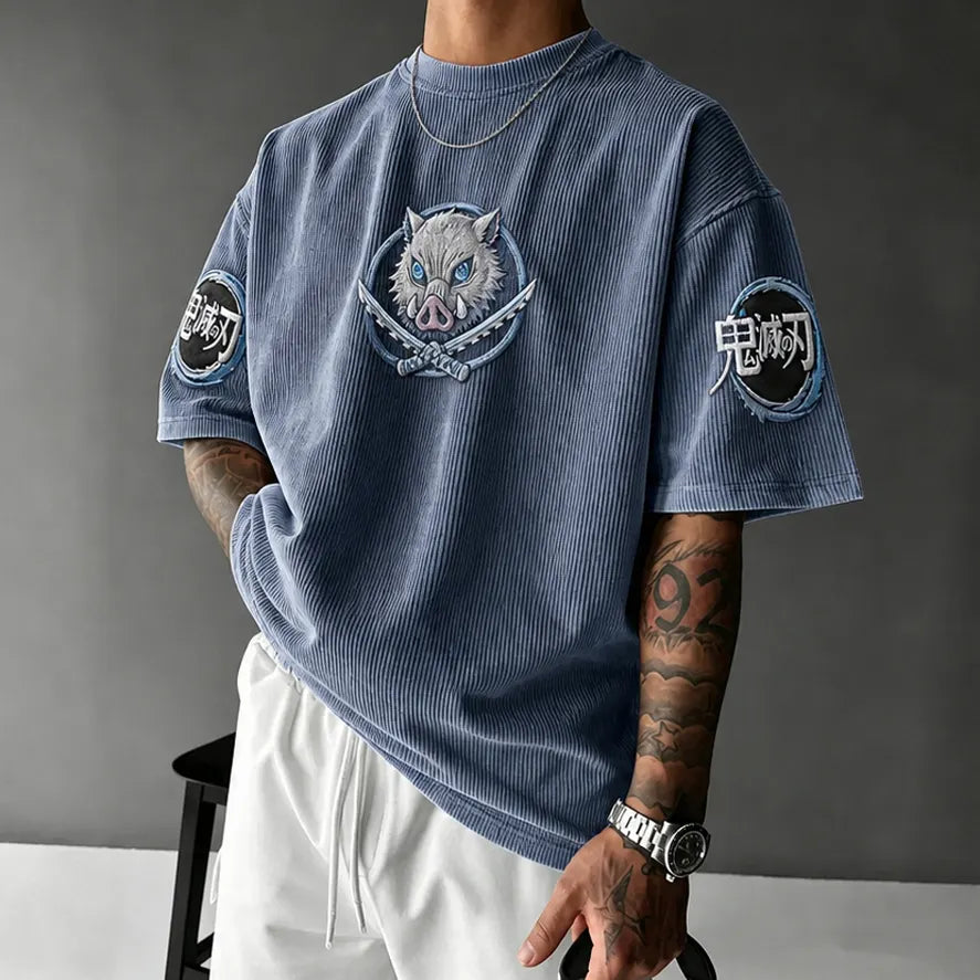 KNY Unisex Oversized Anime-Print Vertical-Stripe Short-Sleeve T-Shirt