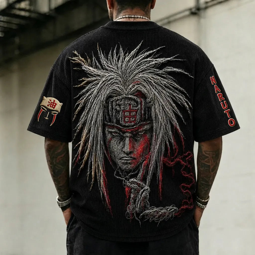 NINDO Unisex Anime-Style Retro Corduroy Oversized T-Shirt