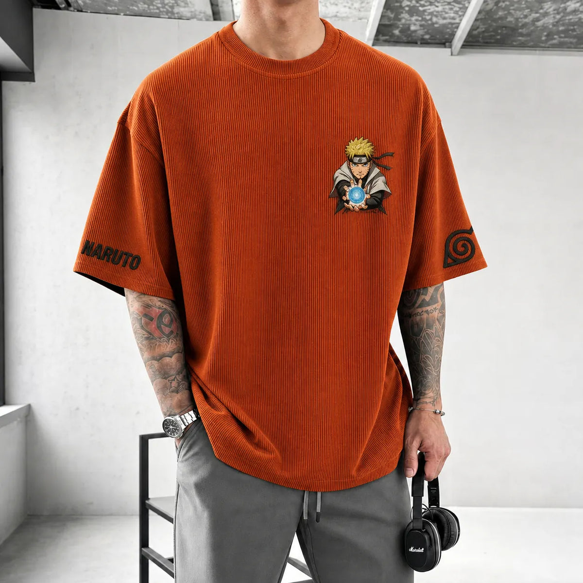 NINDO Unisex Anime-Style Retro Corduroy Oversized T-Shirt