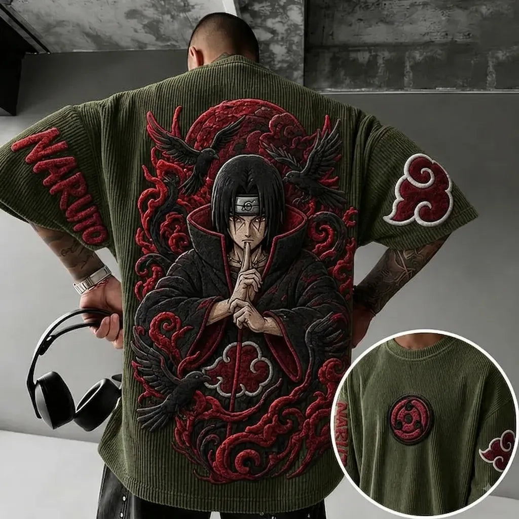 NINDO Unisex Anime-Style Retro Corduroy Oversized T-Shirt